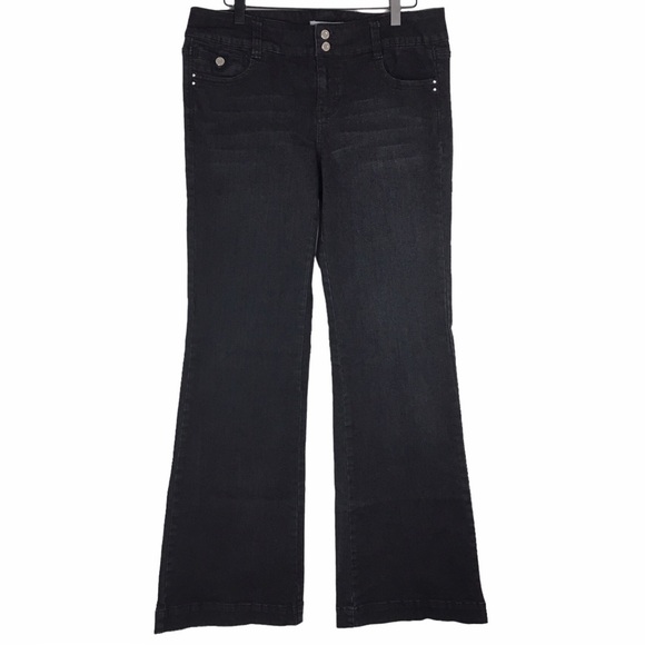 WHITE HOUSE BLACK MARKET Jeans Blanc Rhinestones Black Wash Wide Flare Size 10 - Picture 1 of 14